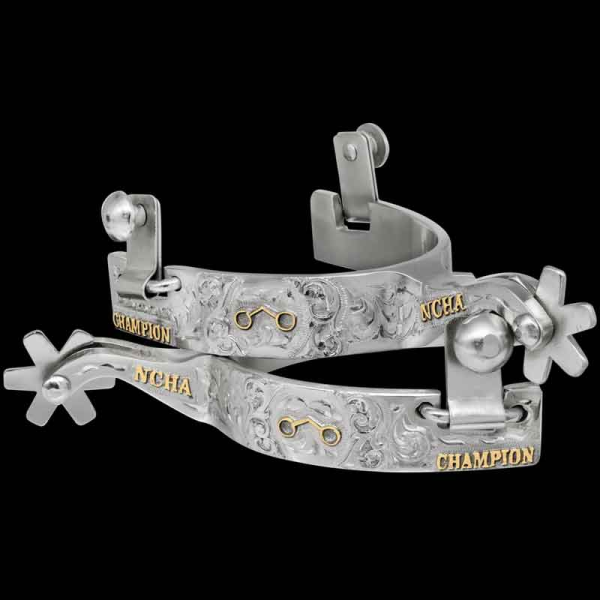 "Ride in style with the Wyatt Earp Custom Spurs. Crafted on high quality German Silver, this set of spurs is hand engraved on the entire outside and both sides of the shank. Detailed with Jewelers Bronze lettering on the outside band and shank as wel